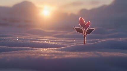 Obraz premium Sunrise Winter Plant Sprout in Snowy Landscape