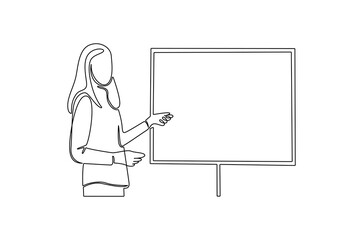 Continuous one line drawing of Young female presenting his report in whiteboard. Single line drawing illustration of Womanpreneur. Business strategy concept vector art. Doodle line illustration.