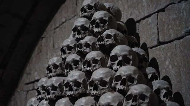 Pyramid of Human Skulls in Dark Ancient Stone Chamber &ndash; Ritual Death Symbolism Inspired by Aztec and Maya Cultures for Horror, History, and Fantasy Videos
