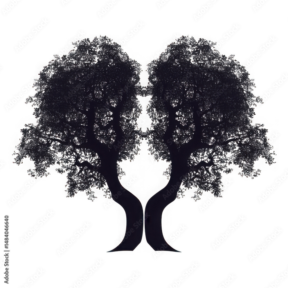 Poster two trees mirrored against a black background creating a symmetrical design with dark foliage