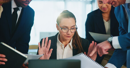 Multitasking, documents and businesswoman in office with stress, burnout or overwhelmed for...