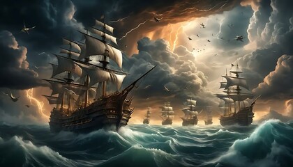 Fototapeta premium Dramatic seascape showing galleons sailing on a stormy sea, lightning strikes illuminating the sky