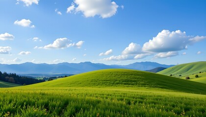 Obraz premium a serene rural landscape featuring verdant hills that gently roll into the distance under a clear blue sky