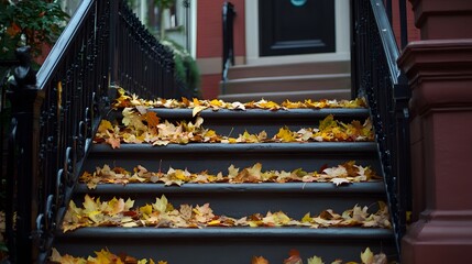 Autumn Leaves on Gray Steps House Entrance