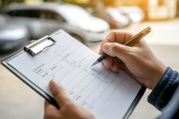 Man filling out a form on a clipboard with cars in the background in a bright and sunny setting