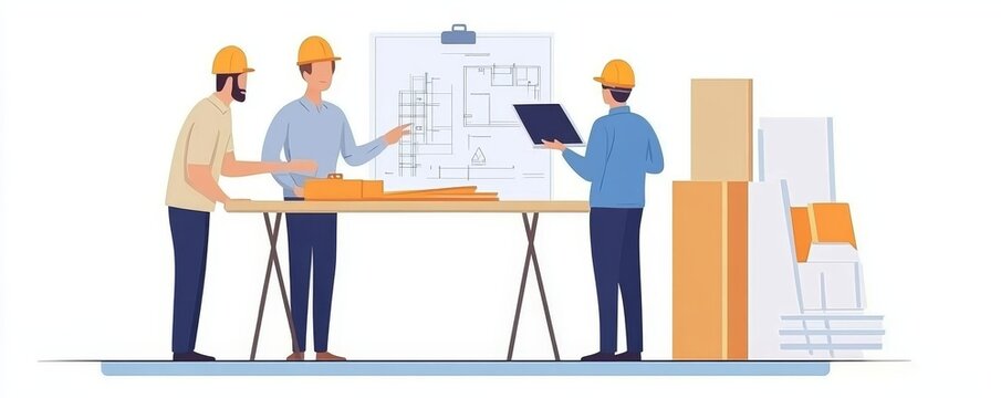 Three construction workers reviewing a blueprint on a table wearing yellow hard hats and blue shirts