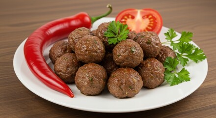 Plate of meatballs representing culinary delight, with red chili and tomato