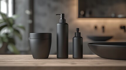 Still life of black bathroom accessories including soap dispenser and bowl on a wooden surface
