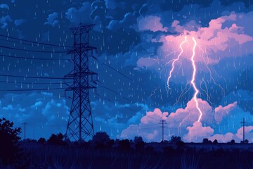 Stormy night scene with lightning striking over a field