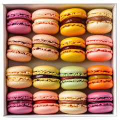 Obraz premium Box of assorted colorful macarons isolated on transparent background