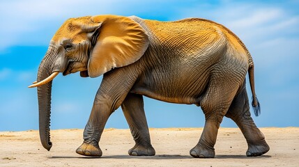 Fototapeta premium African Elephant Walking on Sandy Ground Under Blue Sky