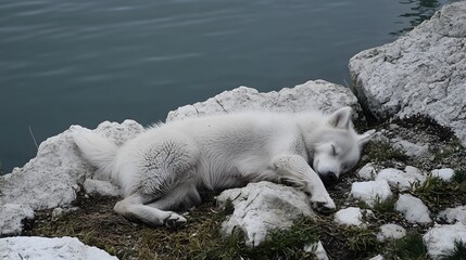 Obraz premium White Puppy Sleeping Peacefully by the Lake