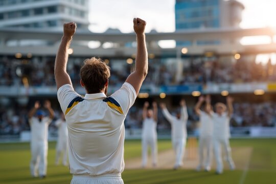 Cricket player celebrating after taking a wicket, hands raised in victory, team jersey visible, teammates in the background cheering, cricket pitch and stadium slightly blurred. - Powered by Adobe
