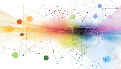 Abstract network with colorful lines and circles connected on a white background in a modern style