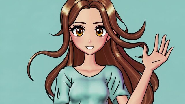 Smiling Anime Girl Waving Hand &ndash; Cute Animated Character with Long Brown Hair and Blue Crop Top on Isolated Teal Background for VTuber, Kawaii, and Pop Culture Videos