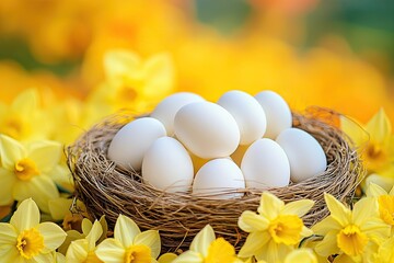 White eggs nestled in a bird's nest amongst spring flowers.