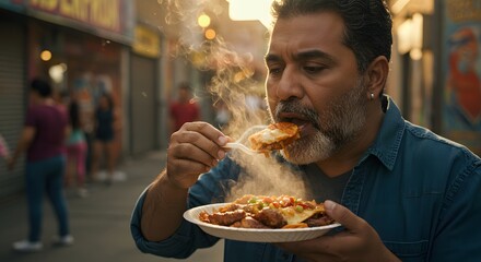 Savoring Street Food Delights A Man Indulges in a Delicious, Steaming Plate of Food at a Vibrant Outdoor Market