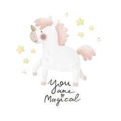 Cartoon unicorn, hand drawing lettering. Colorful illustration, flat style. design for cards, print, poster	