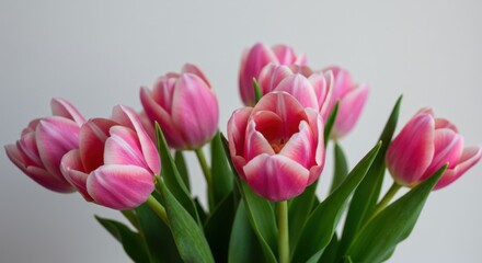 Fototapeta premium Pink tulips bouquet representing beauty and freshness, with green leaves on white background