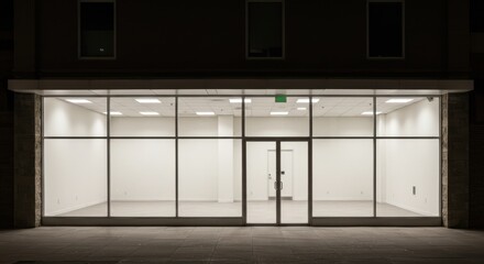 Empty storefront representing opportunity and potential, featuring large windows and bright interior lighting