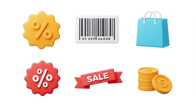3D rendered shopping icons set including discounts, barcode, shopping bag, and more