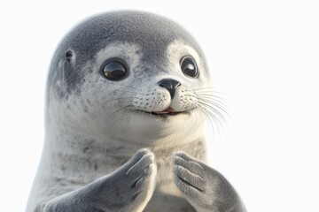 A charming, close-up view of an adorable baby seal with captivating eyes and soft, mottled gray fur.