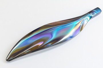 Iridescent abstract leaf-shaped sculpture, showcasing flowing lines and vibrant color gradients, placed on a clean white background.