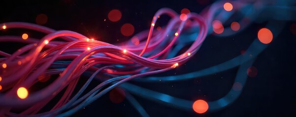 Close-up shot of a tangled web of fiber optic cables, glowing brightly against a dark background, symbolizing the complex interconnectedness of the internet , connection, global network
