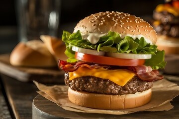 Melted Cheese Burger – Gourmet Restaurant Style on Dark Background