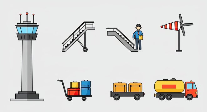 Airport themed illustration with various elements related to travel and transport.