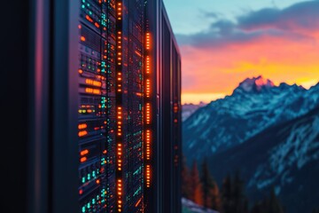 Data servers hum against a backdrop of a majestic mountain range at sunset, blending technology with natural beauty.