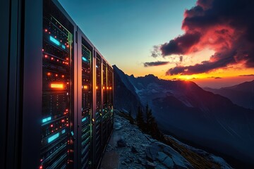 Server racks glowing against a dramatic mountain sunset, representing high-tech data processing in a scenic, remote location.