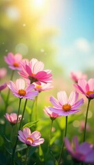 Fototapeta premium Pastel-colored flowers bloom in a sun-drenched meadow, a gentle breeze rustling through the petals; a scene of idyllic, tranquil beauty, radiating pure, unadulterated joy , pastel, idyllic