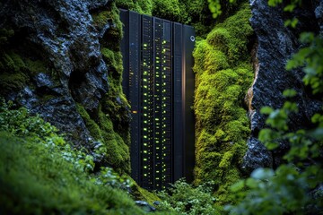 A server farm is nestled within a lush, moss-covered ravine, blurring the lines between technology and nature.