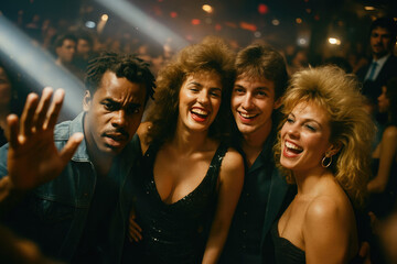 Energetic 1980s nightclub party filled with people in vintage outfits, bold hairstyles, and retro accessories celebrating with pure joy and nostalgic euphoria.

