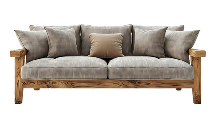 Obraz premium Reclaimed wood sofa with beige cushions isolated on transparent background