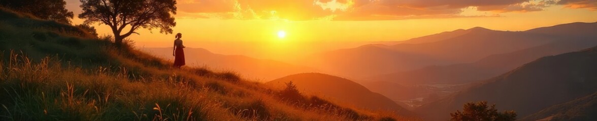 Obraz premium Serene landscape at dawn, bathed in golden light, evokes a sense of spiritual peace and tranquility Perfect for meditation, yoga, and mindfulness themes , oneness, reflection, sunrise