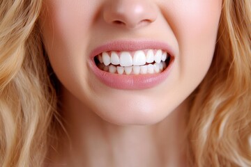 Fototapeta premium Close up of a woman with blonde hair clenching her teeth showing a perfect white smile to the camera