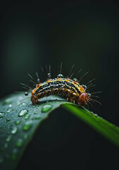Macro photo of a wet caterpillar resting on a leaf after rain, with tiny water droplets on its body, soft backlighting creating halo effect, hyper-realistic textures