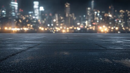 Empty asphalt floor with city background at night. Template concept with copy space for product display presentation