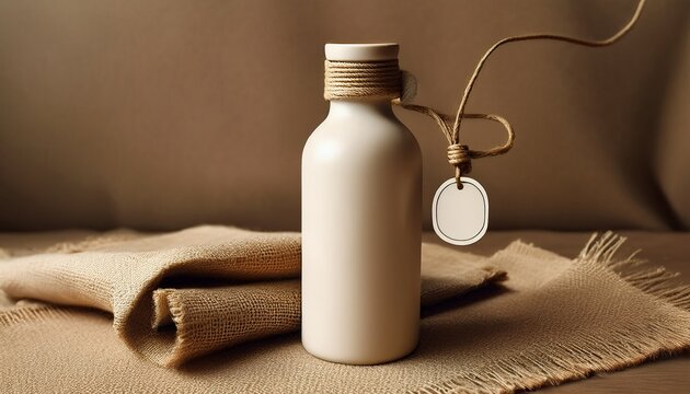 Neutrales Etikett an Cremeflasche mit Kordel und Jutestoff