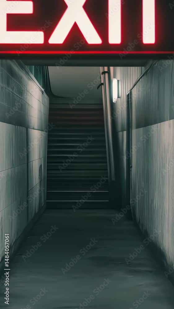 Poster emergency exit stairwell with glowing red sign in dark corridor. architectural safety feature in mod