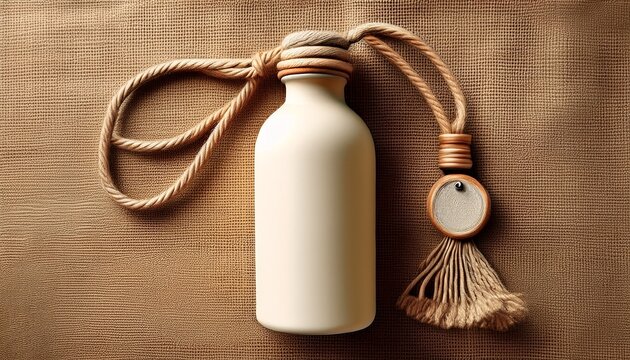 Neutrales Etikett an Cremeflasche mit Kordel und Jutestoff