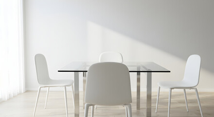 Fototapeta premium Minimalist Dining Area Featuring a Modern Glass Table and White Chairs