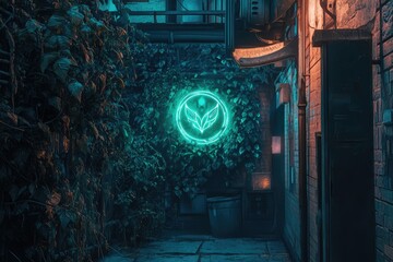 A narrow alleyway is illuminated by a neon sign and a overgrown ivy adding mystery and cyberpunk vibe.