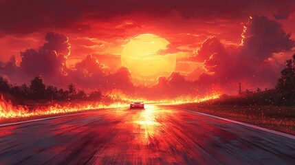 Burning road, vibrant sunset, fiery landscape