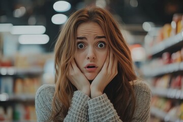 A woman with wide eyes and hands on her face in a grocery store aisle is looking surprised and shocked
