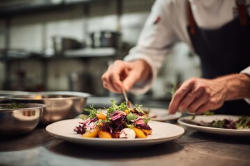 A chef carefully plates a vibrant salad, showcasing the artistry of culinary presentation. Fresh ingredients and colorful vegetables create a delicious-looking dish.
