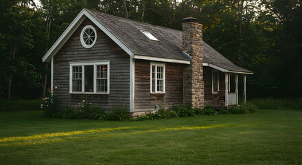 Obraz premium Charming Rustic Cabin Nestled Amidst Verdant Woodlands During Serene Twilight