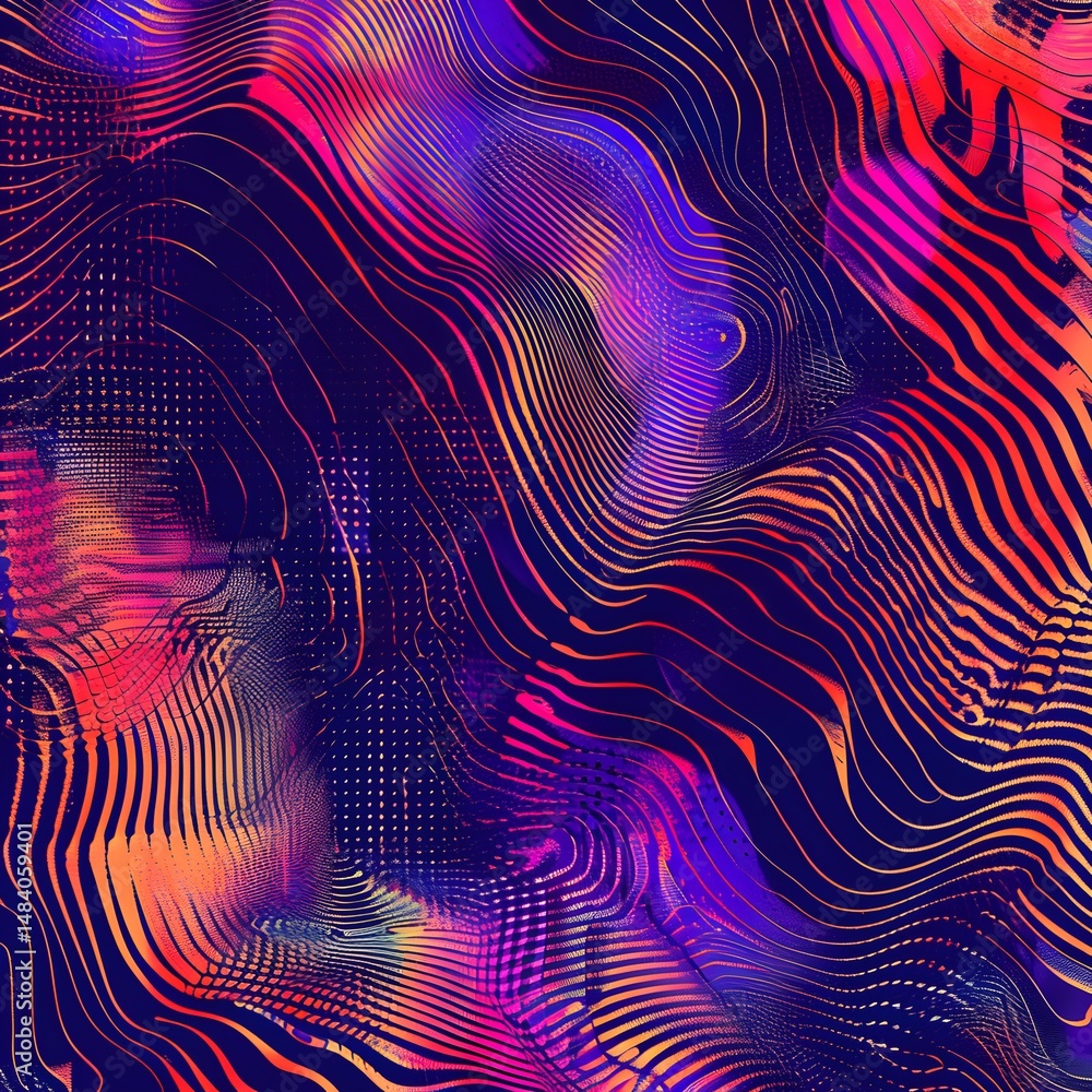 Poster a futuristic and vibrant abstract design with a dynamic wavy pattern.
